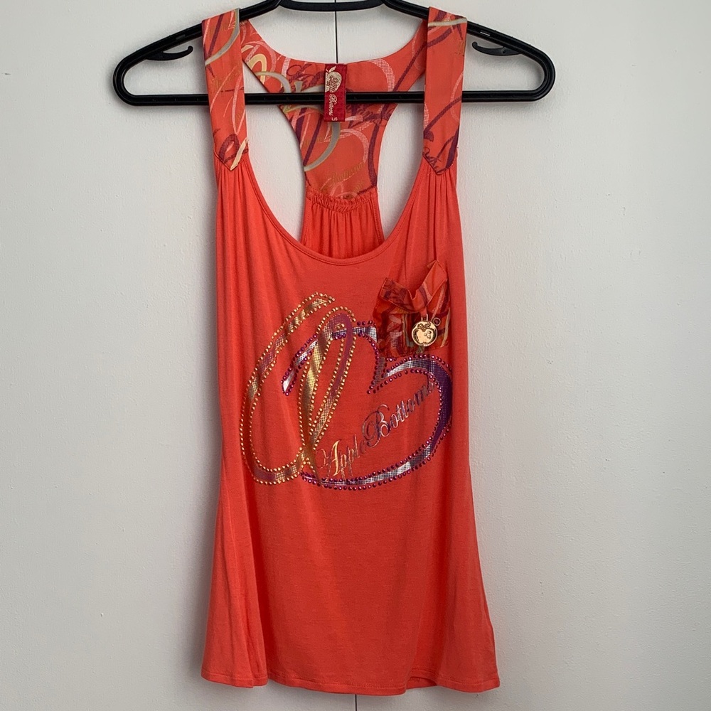 Apple Bottoms Coral Logo Rhinestone Pocket Apple Charm Racerback Tank Size Large